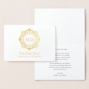Ornate Floral Monogram Wedding Thank You Foil Card