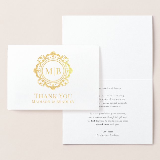 Ornate Floral Monogram Wedding Thank You Foil Card (Display)