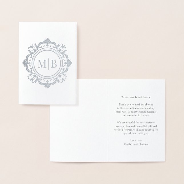 Ornate Floral Monogram Wedding Thank You Foil Card (Display)