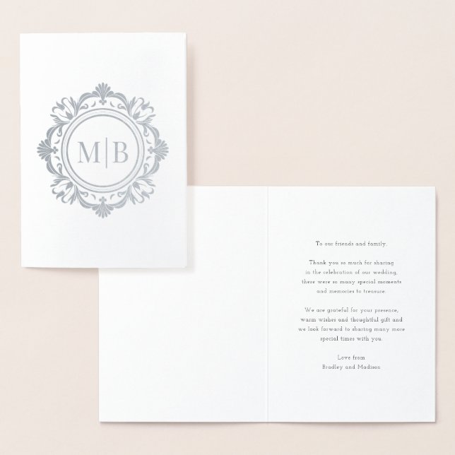 Ornate Floral Monogram Wedding Thank You Foil Card (Display)
