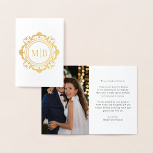 Ornate Floral Monogram Wedding Thank You Photo Foil Card