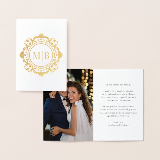 Ornate Floral Monogram Wedding Thank You Photo Foil Card (Display)