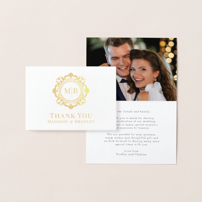 Ornate Floral Monogram Wedding Thank You Photo Foil Card (Display)