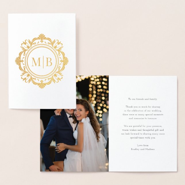 Ornate Floral Monogram Wedding Thank You Photo Foil Card (Display)