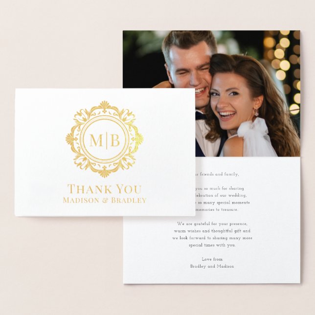 Ornate Floral Monogram Wedding Thank You Photo Foil Card (Display)