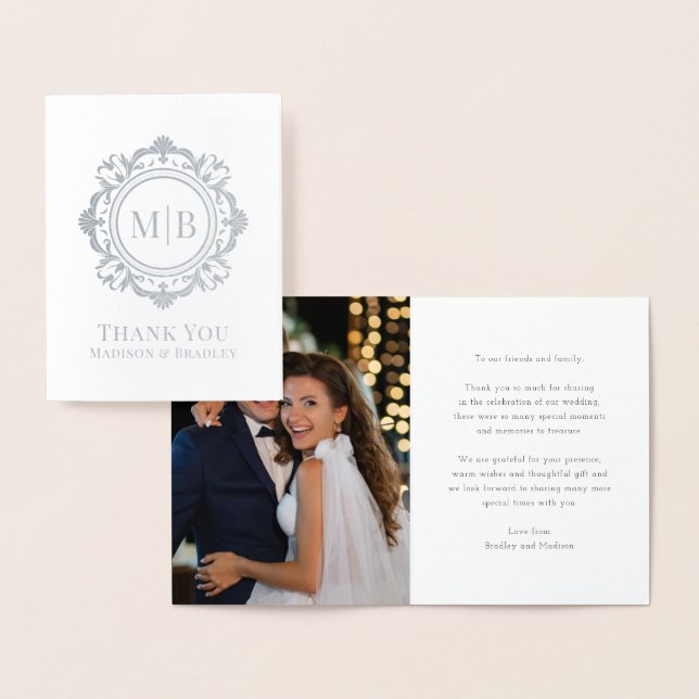 Ornate Floral Monogram Wedding Thank You Photo Foil Card (Display)