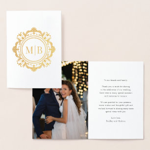 Ornate Floral Monogram Wedding Thank You Photo Foil Card