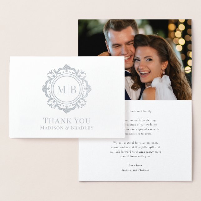 Ornate Floral Monogram Wedding Thank You Photo Foil Card (Display)