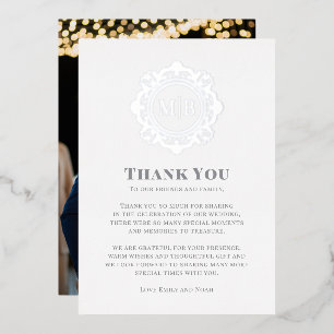 Ornate Floral Monogram Wedding Thank You Photo Foil Holiday Card