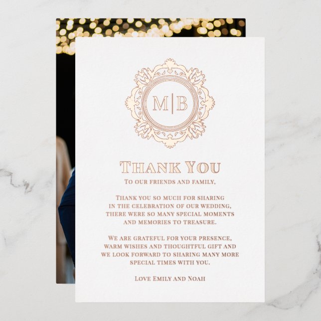 Ornate Floral Monogram Wedding Thank You Photo Foil Holiday Card (Front/Back)