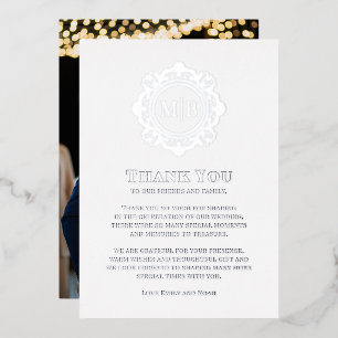 Ornate Floral Monogram Wedding Thank You Photo Foil Holiday Card