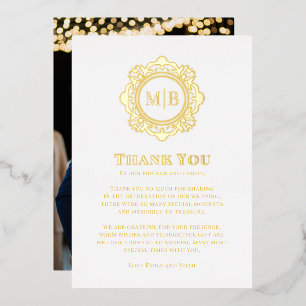Ornate Floral Monogram Wedding Thank You Photo Foil Holiday Card