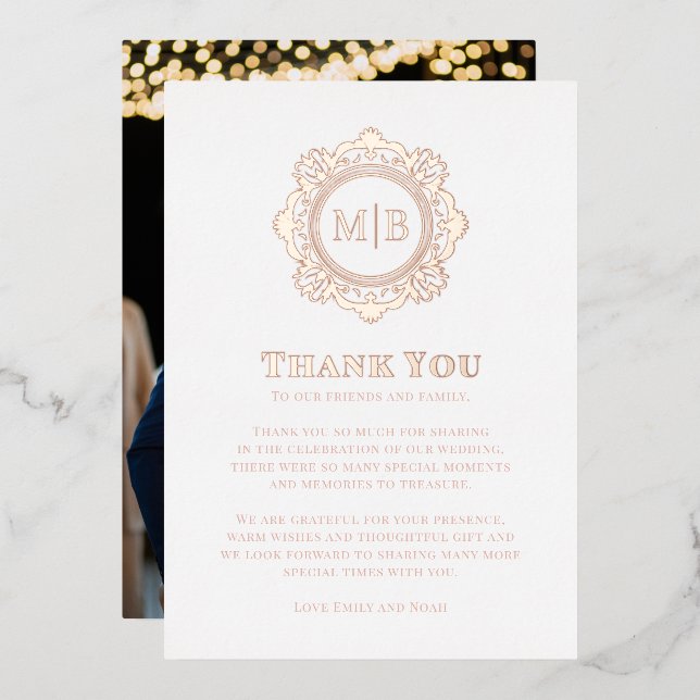 Ornate Floral Monogram Wedding Thank You Photo Foil Holiday Card (Front/Back)