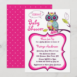 Ornate Floral Owl Hot Pink Baby Shower Invitation