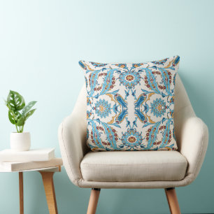 Ornate Floral Pattern - Blue & Gold Elegant Fabric Cushion