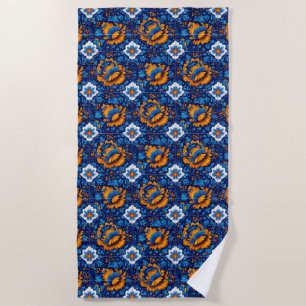 Ornate Floral Pattern in Blue and Orange Tiles Beach Towel