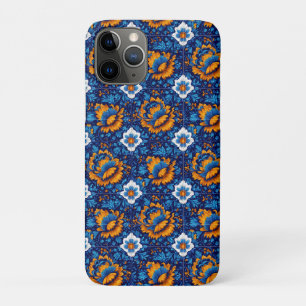 Ornate Floral Pattern in Blue and Orange Tiles iPhone 11 Pro Case