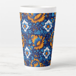 Ornate Floral Pattern in Blue and Orange Tiles Latte Mug