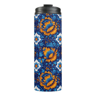 Ornate Floral Pattern in Blue and Orange Tiles Thermal Tumbler