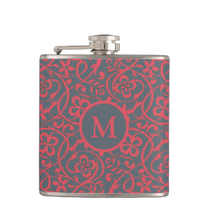 Ornate Floral Pattern in Pink and Grey Monogram Hip Flask