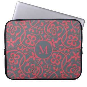 Ornate Floral Pattern in Pink and Grey Monogram Laptop Sleeve