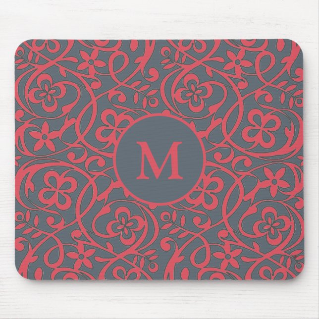 Ornate Floral Pattern in Pink and Grey Monogram Mouse Mat (Front)