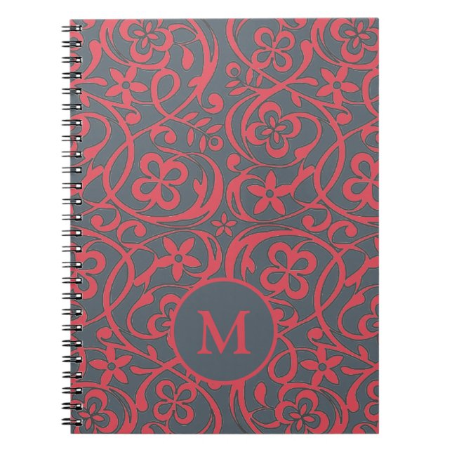 Ornate Floral Pattern in Pink and Grey Monogram Notebook (Front)