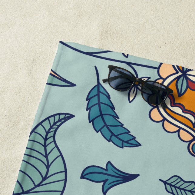 Ornate floral pattern on a pale blue background beach towel (In Situ)