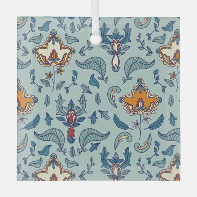 Ornate floral pattern on a pale blue background glass tree decoration (Front)
