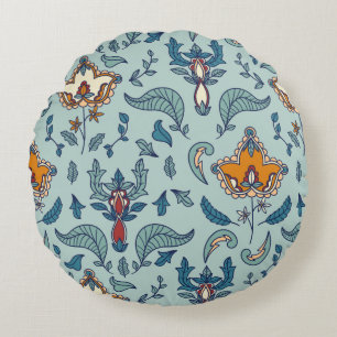 Ornate floral pattern on a pale blue background round cushion