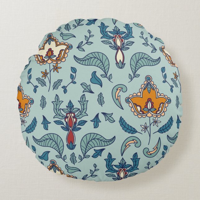 Ornate floral pattern on a pale blue background round cushion (Front)