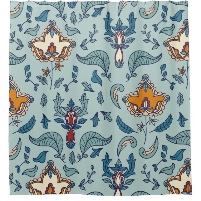 Ornate floral pattern on a pale blue background shower curtain (Front)