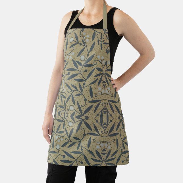 Ornate floral pattern with dark blue vines  apron (Insitu)