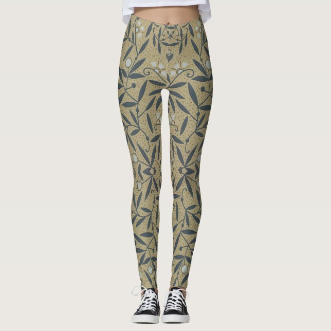 Ornate floral pattern with dark blue vines  leggings (Front)