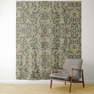 Ornate floral pattern with dark blue vines tapestry