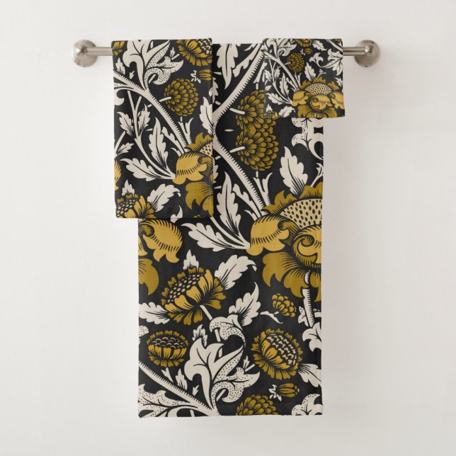 Ornate floral pattern with large gold flowers  bath towel set (Insitu)