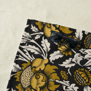 Ornate floral pattern with large gold flowers beach towel