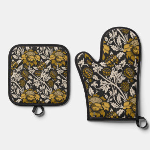 Ornate floral pattern with large gold flowers oven mitt & pot holder set