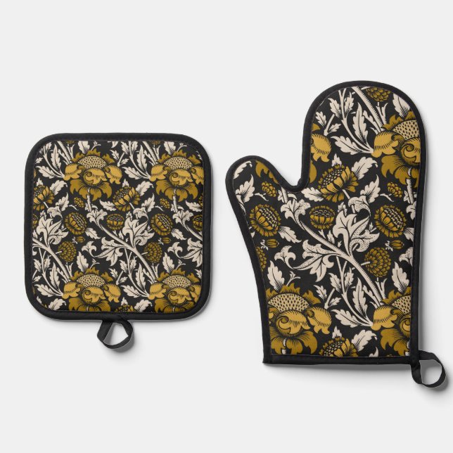 Ornate floral pattern with large gold flowers  oven mitt & pot holder set (Front)