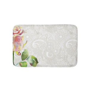 Ornate Floral Pattern With Pink Watercolor Rose Bath Mat