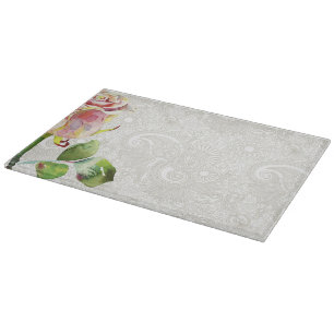 Ornate Floral Pattern With Pink Watercolor Rose Cutting Board