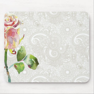 Ornate Floral Pattern With Pink Watercolor Rose Mouse Mat