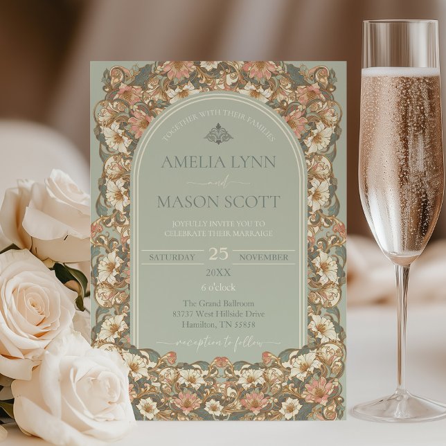 Ornate Floral Wedding Invitation (Ornate Floral Art Nouveau Wedding Invitation)