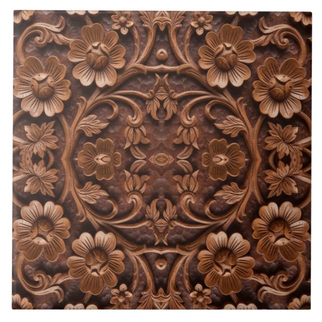 Ornate Floral Wood-Carved Mandala Pattern Tile (Front)