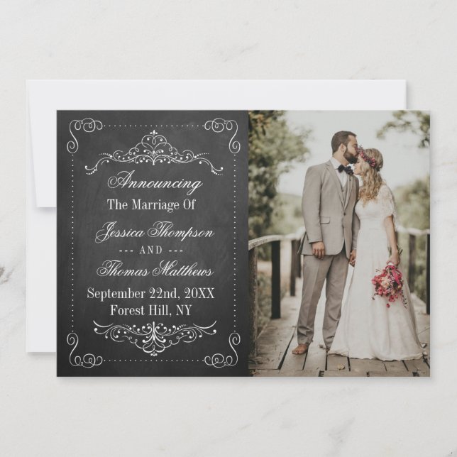 Ornate Flourish Chalkboard Wedding Photo Marriage Announcement (Front)