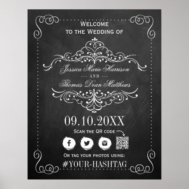 Ornate Flourish Chalkboard Wedding Welcome Poster (Front)