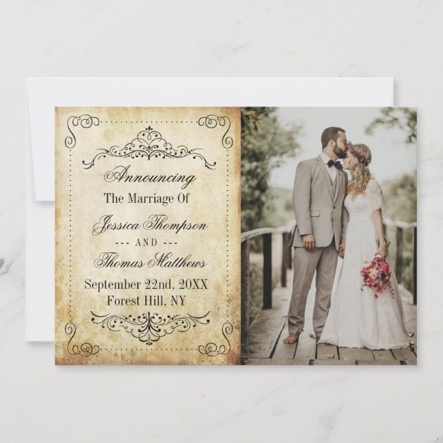 Ornate Flourish Vintage Wedding Photo Marriage Announcement (Front)