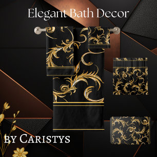Ornate Flourishes Black and Gold Bath Towel Set