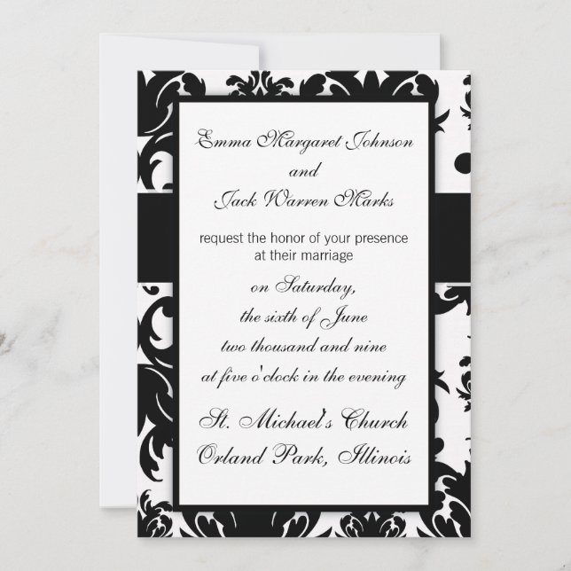ornate formal black white damask design invitation (Front)