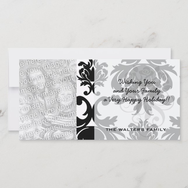 ornate formal black white damask holiday card (Front)